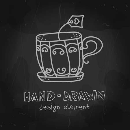 Vector antique teacup. Tea cup for menu, web, printing. Teatime illustration. Mocup for your design stylized drawing with chalk on blackboard.のイラスト素材