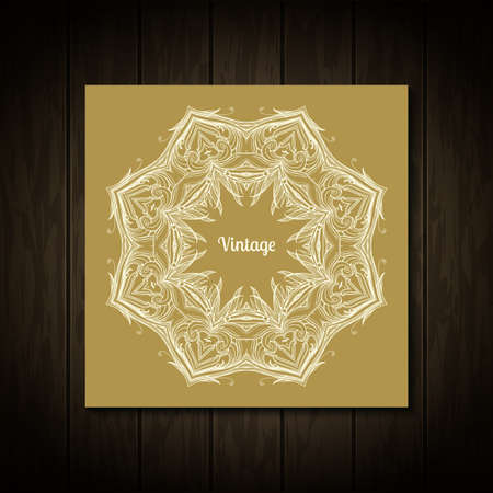 Retro vintage wedding invitation design template on wooden background and empty place for you text. Floral circle ornament. Hand drawn vector illustration.のイラスト素材
