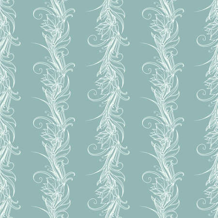 White lotus flowers seamless pattern. Decorative floral background with handdrawn calligraphy style ornate. Hand drawn ornament for textile, greeting cards for invites printing, spa website backgroundのイラスト素材
