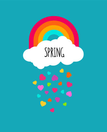 Abstract spring vector background. Raining hearts cloud and rainbow on blue background. Spring word isolated on cloud icon shape. For greeting cards,invitations, wallpaper. Modern art decoration.のイラスト素材