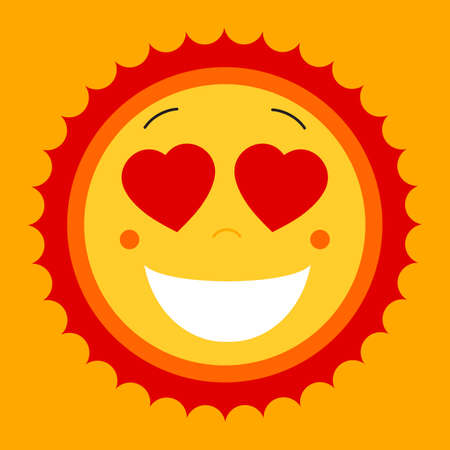 Smile lovely sweet cute sun. Vector cute sun symbol. Love sun emblem. Love smile summer sun. Love icon for web design and print. Mix of happy smile face with white teeth, hearts and warm sun icon.のイラスト素材
