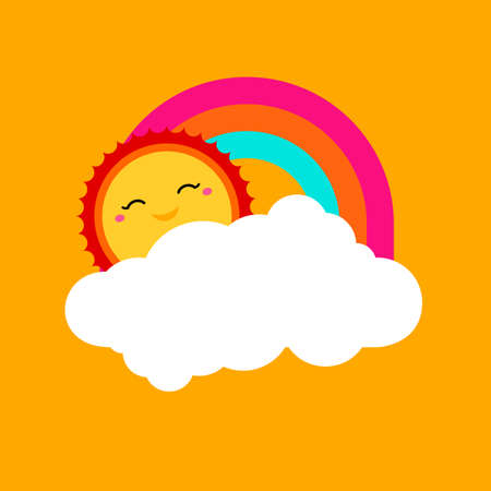 Vector summer background with rainbow sky, cloud shape, sun icon. Sunshine summer background. Bright forecasting icon. Vector art. Vector label design, tag, sticker, logo, shape. Vector illustration.のイラスト素材