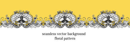 Seamless floral border. Floral frame design element. Stylized vector flowers. Botanical illustration with dahlia, chrysanthemum, mums flower, lotus flower, aster, marigold and leaves. Repeating borderのイラスト素材