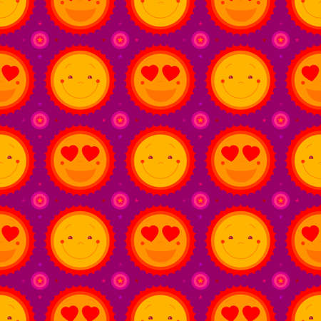 Vector seamless pattern background with sun. Cartoon sun faces with happy emotions repeat pattern...