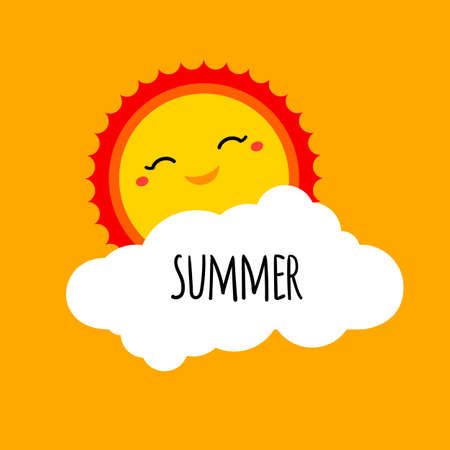 Vector abstract cartoon summer background design concept with happy smiley sun, white cloud and hand drawn lettering. Summer holiday design element for summer beach or summer camp logo, banner, signのイラスト素材