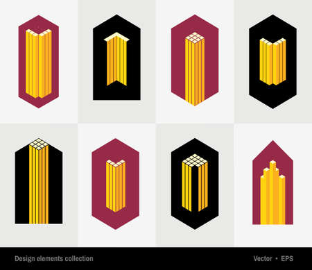 Abstract vector 3D design elements set. Abstract vector isometric logo, sign, symbol, icon, emblem, sticker. Geometric graphic design template for business company logo, design concept, business cardのイラスト素材