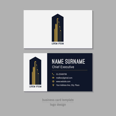 Abstract vector business card template. Gold, white and blue business card design. Corporate business card background. Modern business card with abstract logo. Vector branding design element.のイラスト素材