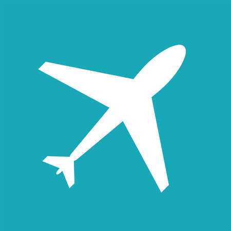 Flight web icon. Airplane symbol, plane. Airport sign, white airplane shape on blue background. Flat flight symbol. Travel icon, shape, label, symbol. Graphic design element for logo, web and printのイラスト素材