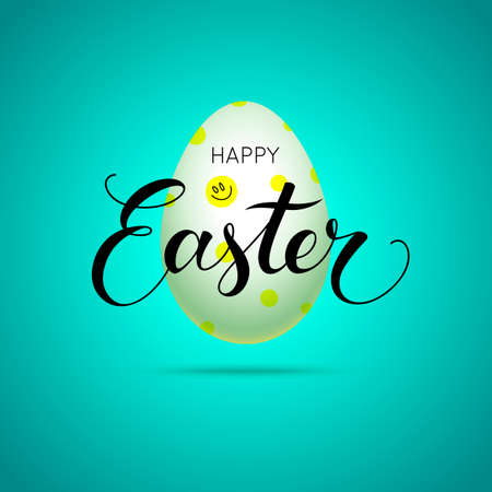 Happy easter poster. Egg with smile icon on blue background and lettering. Holiday modern concept. 3D vector illustration.のイラスト素材