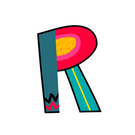 Letter R from english alphabet. Colorful logo template in modern geometric flat style and vector illustration, creative funny label design isolated on white background. Bright symbol clipart image.のイラスト素材
