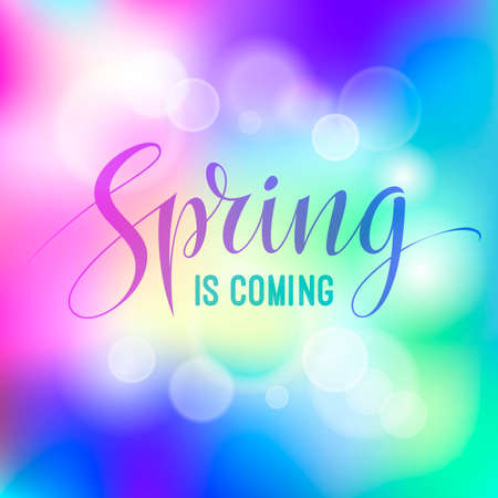 Springtime card with spring is coming lettering typography on gradient bokeh nature background. Vector illustration.のイラスト素材
