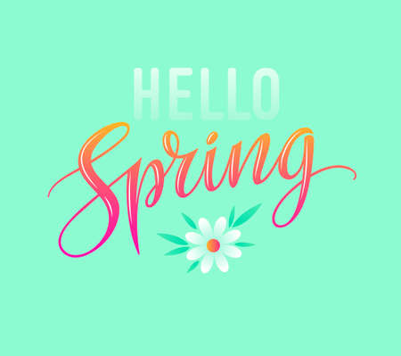 Hello spring card. Vintage letterng typography with camomile flower and green leaves. Vector illustration. EPS 10のイラスト素材