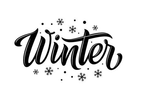 Winter. Snowflakes and snow with winter text, word and lettering. Winter concept, logo template and sign. Horizontal format. Vector illustration for print and web. EPS10.の写真素材