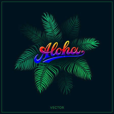 Aloha illustration with tropical leaves and vintage typography. Exotic tree foliage. Green palm tree vector leaf and text on black background. Jungle theme design template for banner or poster. EPS 10のイラスト素材