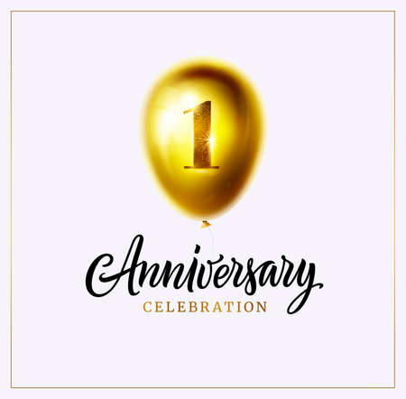 1st anniversary celebration background. First jubilee. Gold balloon with number one and lettering text isolated on white. Vector. Perfect for anniversary logo, invitation, banner, card or poster.のイラスト素材