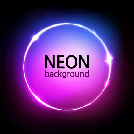 Neon circle background. Glowing round frame. Neon lights in pink, blue, purple vibrant colors. Abstract dark sign, wallpaper, and banner. Vector illustration.のイラスト素材