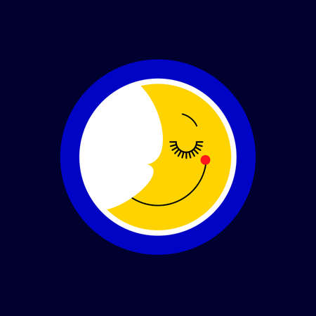 Sleep moon logo isolated vector. Icon and symbol for baby. Good night concept for kids. Cute smile sleeping crescent moon logotype design. Sign, sticker or print.のイラスト素材