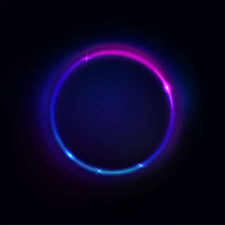 Glowing purple violet round frame. Vector circle shaped light sign, dark abstract background. Purple color, light effect, ring. Futuristic illustration or geometric design element for banner, sign.のイラスト素材