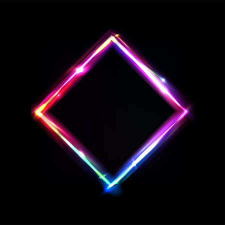 Neon frame with glow, sign and light background. Rhombus. Night club signboard with empty space for logo or text. Vector illustration, poster, banner for night party. Glitch and neon light effect.のイラスト素材