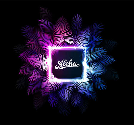 Aloha Hawaii vector background. Dark tropical summer party design with palm leaves, neon rectangle, aloha text. Hawaiian party. Exotic cyberpunk illustration for beach nightclub or dance club.のイラスト素材