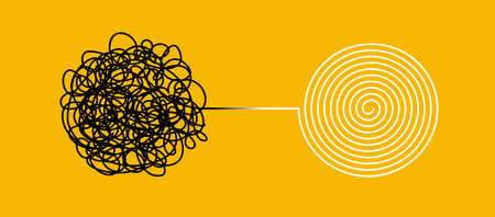 Tangle and untangle, psychotherapy and psychology concept. Tangled vector line illustration. Doodle....