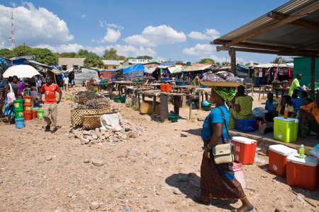 MPULUNGU, ZAMBIA - JUNE 6, 2014: Unidentified traders sell fish, sodas and other products at the fish market in Mpulungu on June 6, in Zambia 2014.
One unidentified woman carries goods on her head.のeditorial素材