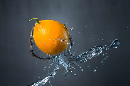 lemon and splash of water on gray background.の写真素材