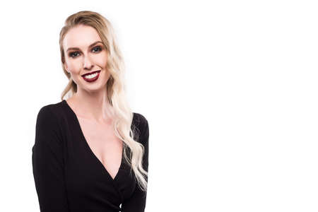 female portrait in a black dress on a white background.の写真素材