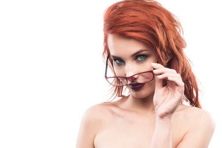 Eyewear glasses woman portrait isolated on white. Spectacle frame type 3.の写真素材