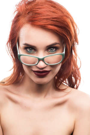 Eyewear glasses woman portrait isolated on white. Spectacle frame type 5.の写真素材