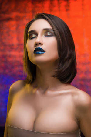 Beautiful mixed asian-caucasian race girl. Advertising and Commercial Design. Shopping. Big Breast....