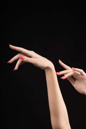 Closeup image of beautiful woman hands with pink manicure on the nails. Cream for palms, manicure and beauty treatment. Elegant and graceful arms with slender graceful fingers. Copy space. Isolated on black.の写真素材