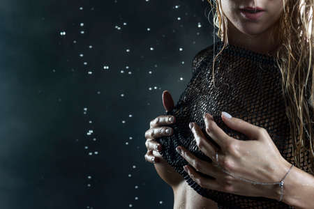 Close up photo of beautiful topless athletic blonde girl breast wearing white translucent sexy...