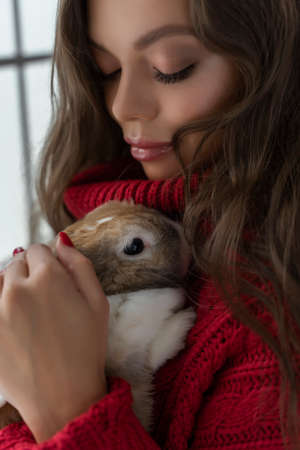 Beautiful leggy young girl, wearing red sweater and wool socks stays at the window and gently holds a rabbit in her hands in christmas interior. Commercial and advertising design. Copy space.の写真素材
