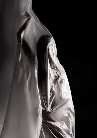 Slim girl dressed only in underwear emotionally posing, wrapped in fluttering in the wind and...
