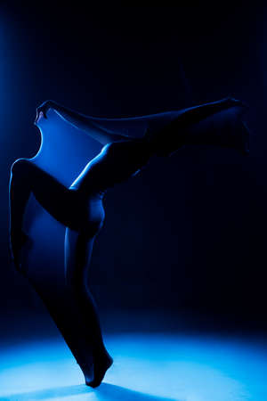 Slim girl wearing a white bodysuit dances a modern avant garde dance, covering her body with elastic transparent fabric in blue light. Artistic, conceptual and creative design. Silhouette photographyの写真素材