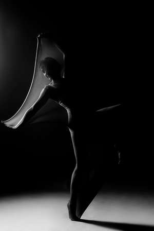 Slim girl wearing a white bodysuit dances a modern avant garde dance, covering her body with elastic transparent fabric. Artistic, conceptual, monochrome and creative design. Silhouette  photographyの写真素材