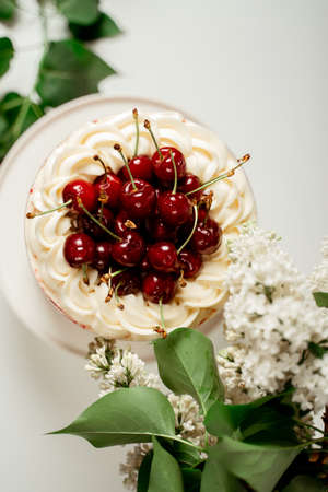 Red berry cake decorated with cherry berries and white cream, among lilac flowers and green leaves. Food photography. Advertising and commercial designの写真素材