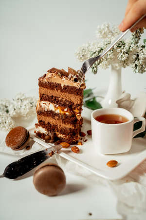 Chocolate cake decorated with various cookies and nuts on a glass plate and macaroons among white flowers of lilac and green leaves. Food photography. Advertising and commercial close up designの写真素材