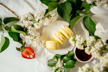 Yellow macaroon cookies among white flowers of lilac and green leaves. Food photography. Advertising and commercial close up designの写真素材