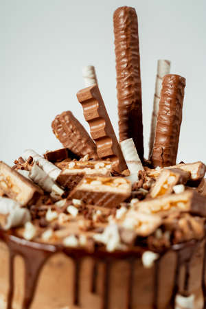 Chocolate cake decorated with various cookies and nuts on a glass plate standing on a white cloth. Food photography. Advertising and commercial close up designの写真素材