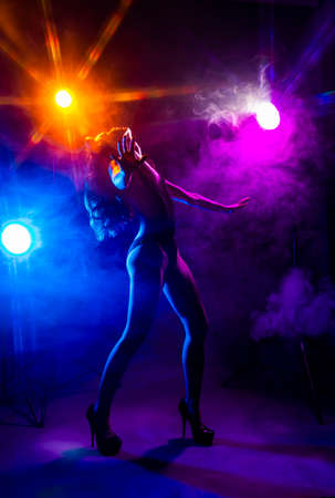 Beautiful slim sexy dancer girl wearing lingerie and high heels posing in the rays of light in a colorful smoke. Artistic, conceptual, silhouette, commercial and advertising design.の写真素材