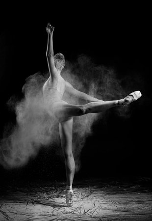 A beautiful slender ballet dancer girl wearing a bodysuit, sensually poses among the flying flour which covers her body, on a black background. Artistic, commercial, monochrome design.の写真素材