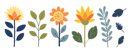 Set of flat flowers isolated on white background, Vector plant doodle illustration, Floral kitのイラスト素材