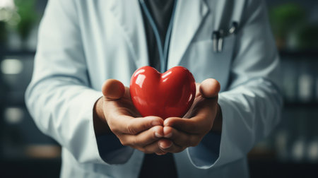 Doctor's hand holds red heart in hospital setting. Medical care and compassion concept. Symbolizing love and health in healthcare, ai generatedの素材