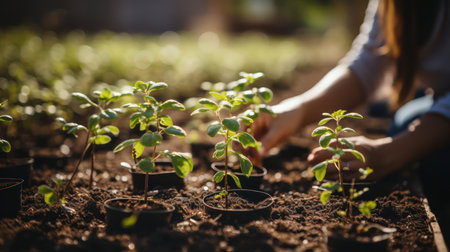 Person actively planting trees in a community garden. Environmental engagement and sustainable action. Ideal for green and eco-conscious conceptsの素材