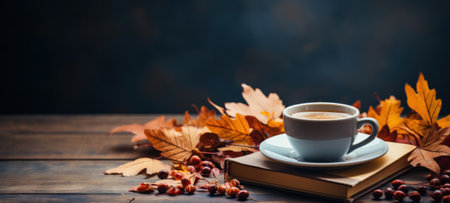Open book and coffee on a cozy table fall still life with copy space, autumn relaxing reading momentの素材