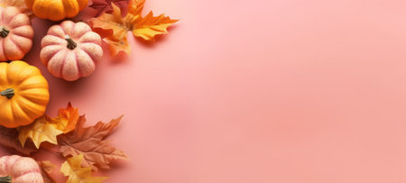fall background with pumpkins, Vibrant autumn shop banner, leaves on pink background. Warm and cozy seasonal discount templateの素材