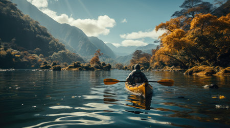 A person enjoying eco-friendly kayaking in mountain lake. A sustainable and green outdoor autumn adventure. Ideal for eco-tourism and active lifestyle conceptsの素材