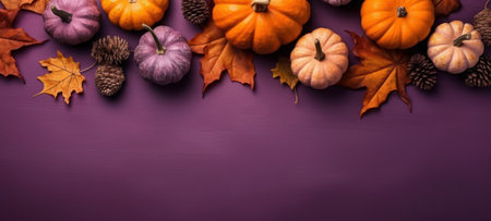 Top view of vibrant orange pumpkins and autumn leaves on a purple surface, a picturesque harvest scene perfect for fall themed designsの素材
